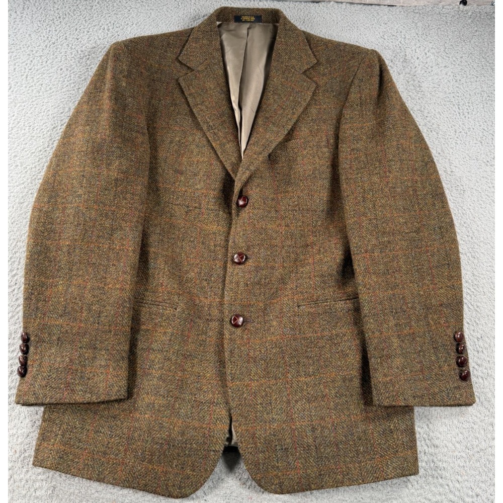 Vintage Harris Tweed Blazer Mens 39R Green Brown 100% Pure New Wool USA Made